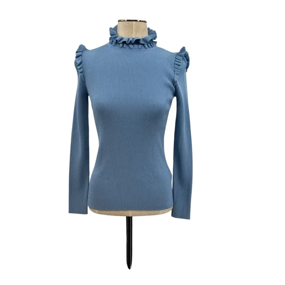 Sandro Spoon Ruffled Sweater Turtleneck Ruffle Cornflower Blue Size 2 US‎ Medium